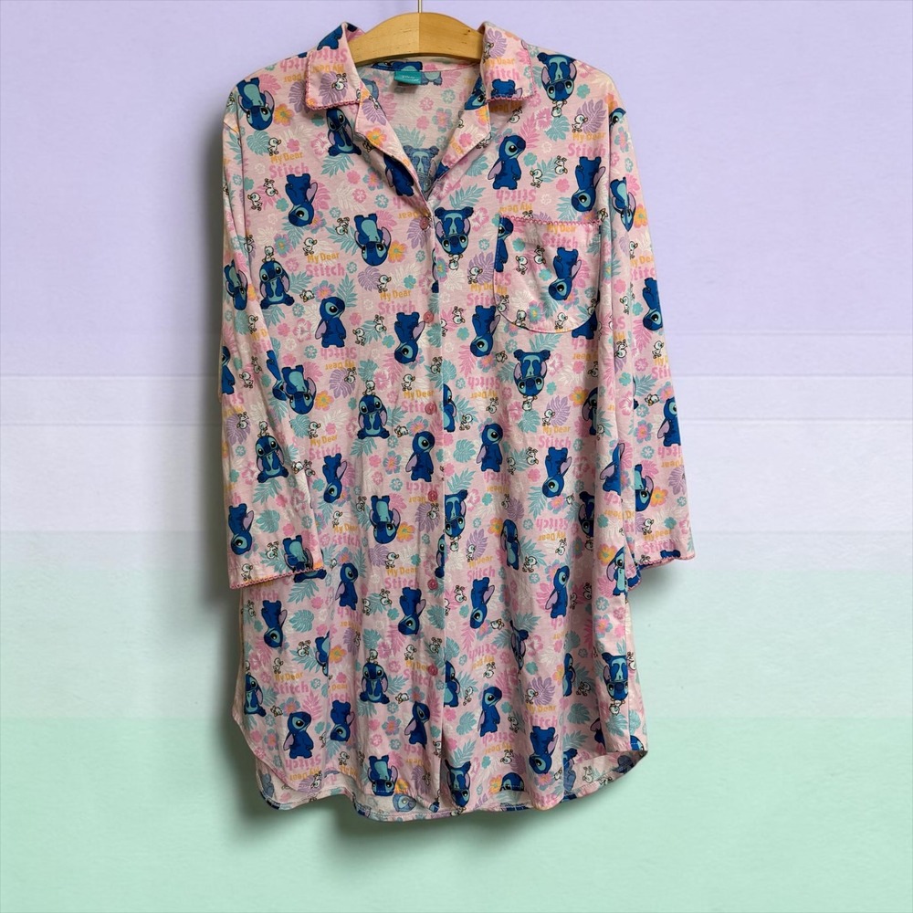 Disney Lilo and Stitch Pink Cotton Button Front Nightgown Sleep Shirt Kids